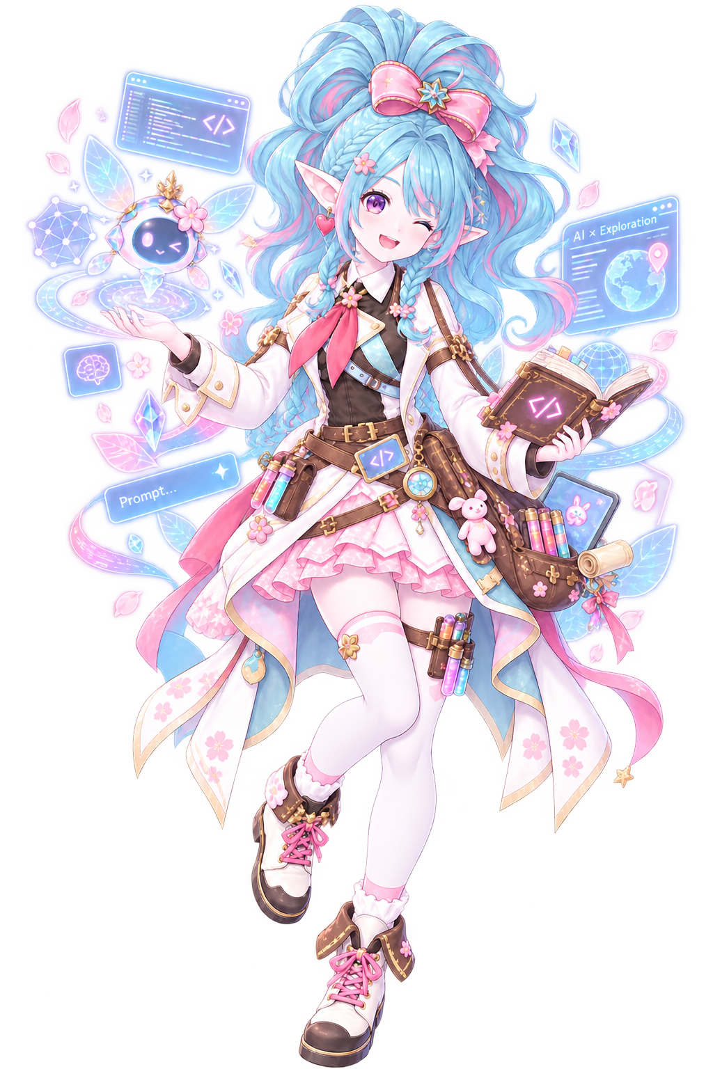 桜とアイスブルーをまとい、AIとコードを研究するキャラクター・ゆき